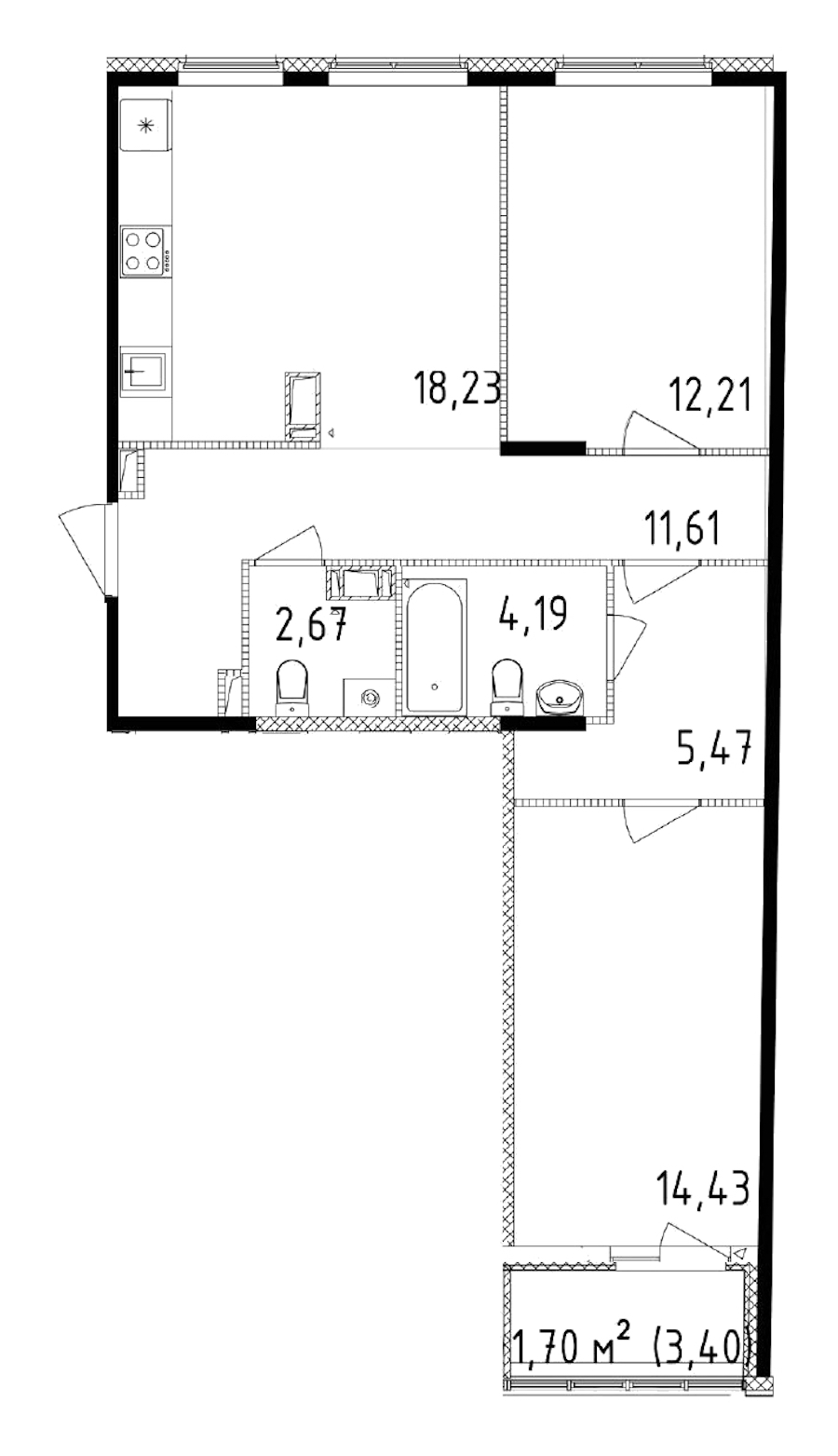 2-комнатная квартира 68.81 м², 14/14 эт., ЖК «Чёрная речка»